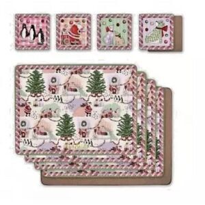 Set of 4 Cath Kidston London Christmas Ditsy Cork Back Placemats & Coasters Set